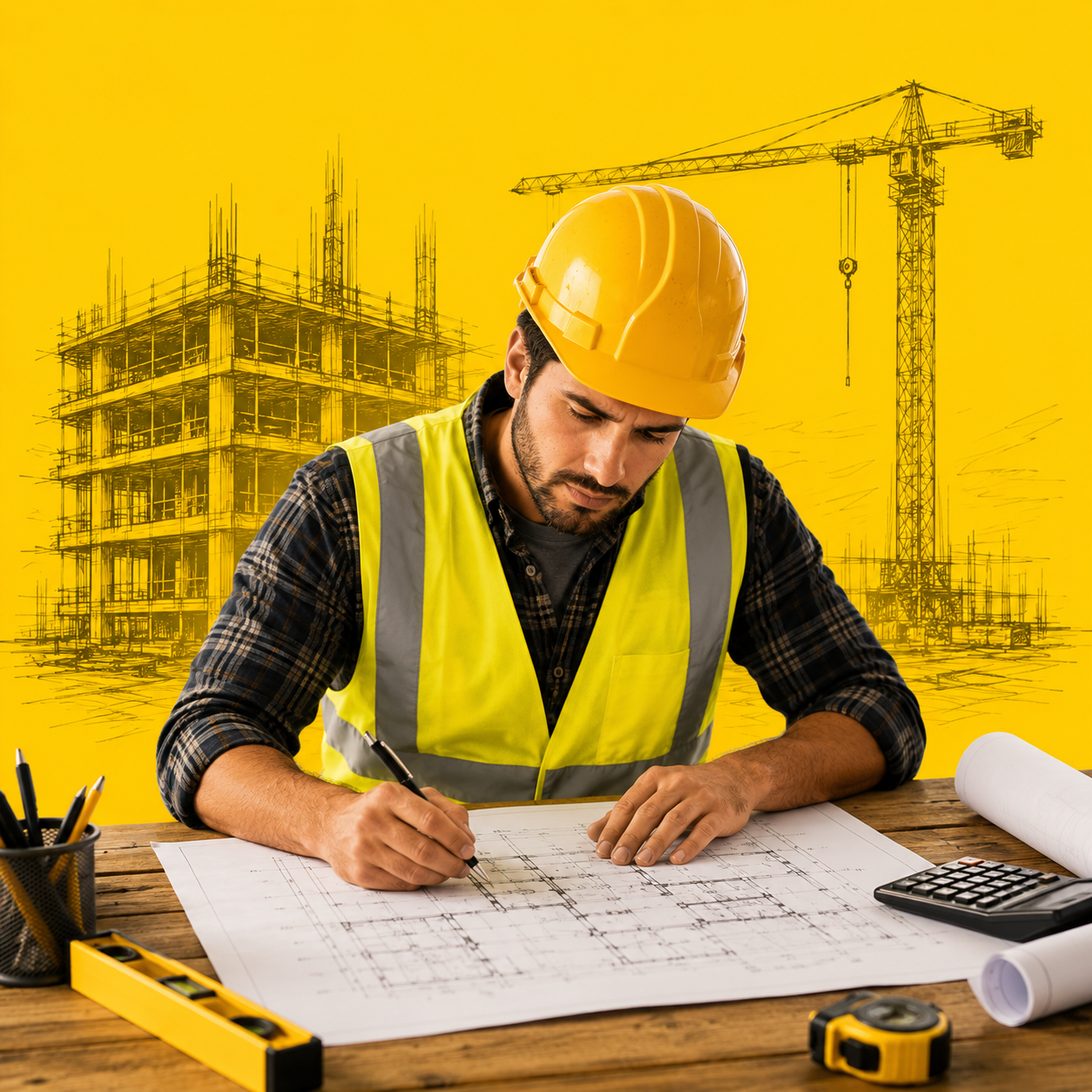 DEKR estimator marking up a construction blueprint at his desk